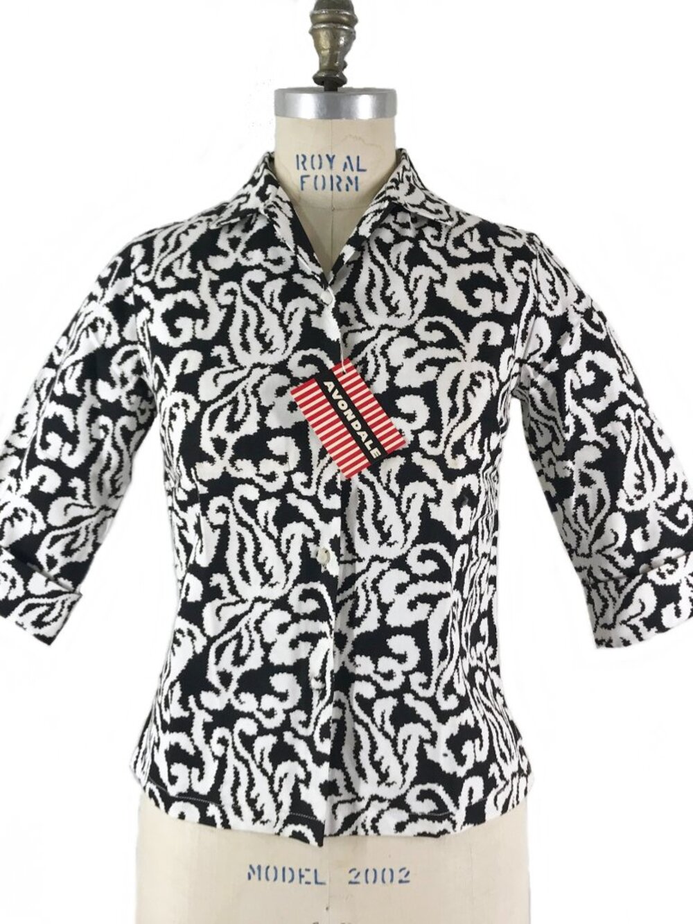 Vintage 60s Jacquard Blouse: Black & White Cotton Top, Cuffed Sleeve NOS